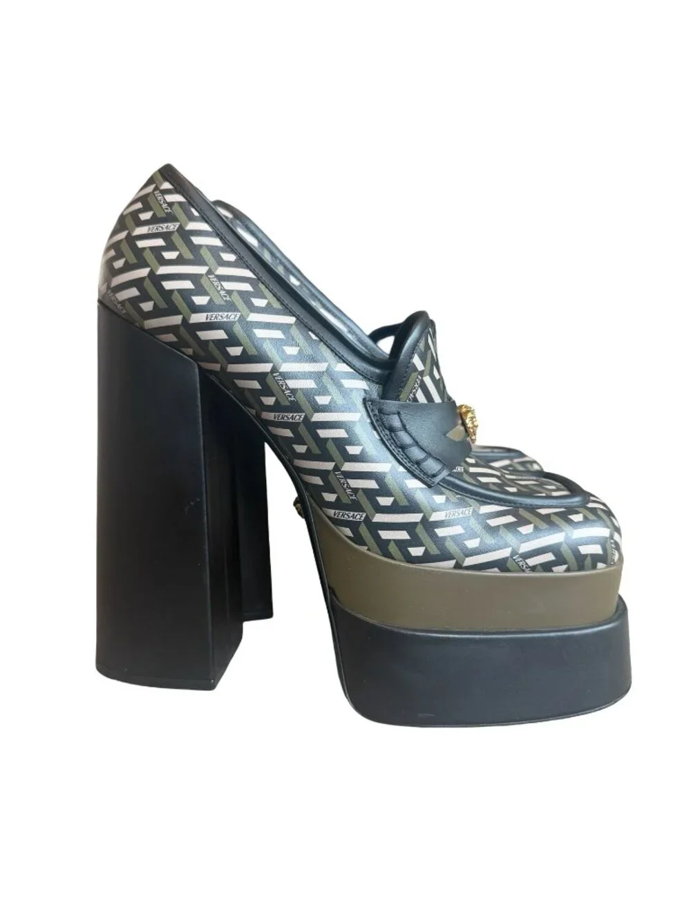 Versace La Greca Print Platforms Loafers Juno Gold Medusa Logo Designer Size 40
